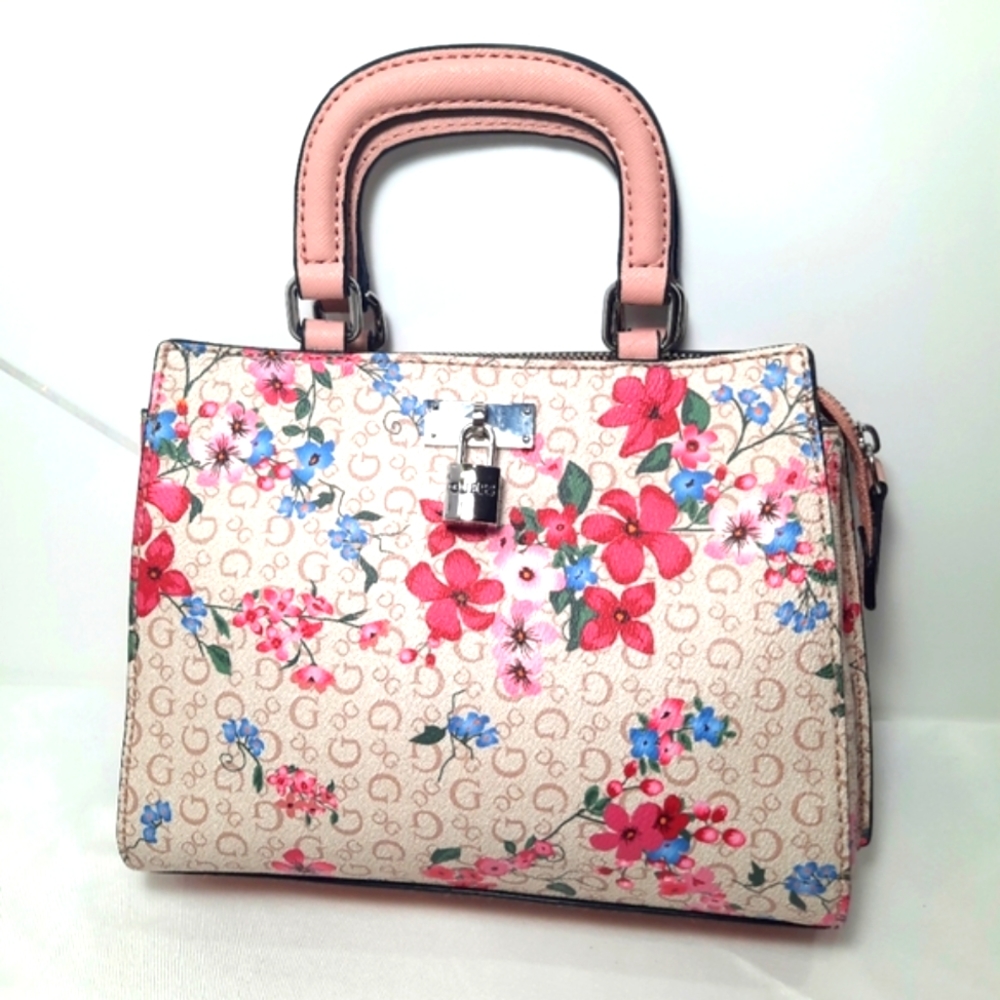 GUESS Purse Rose Multi Meera Hand Bag Flower Bag Beige Pink